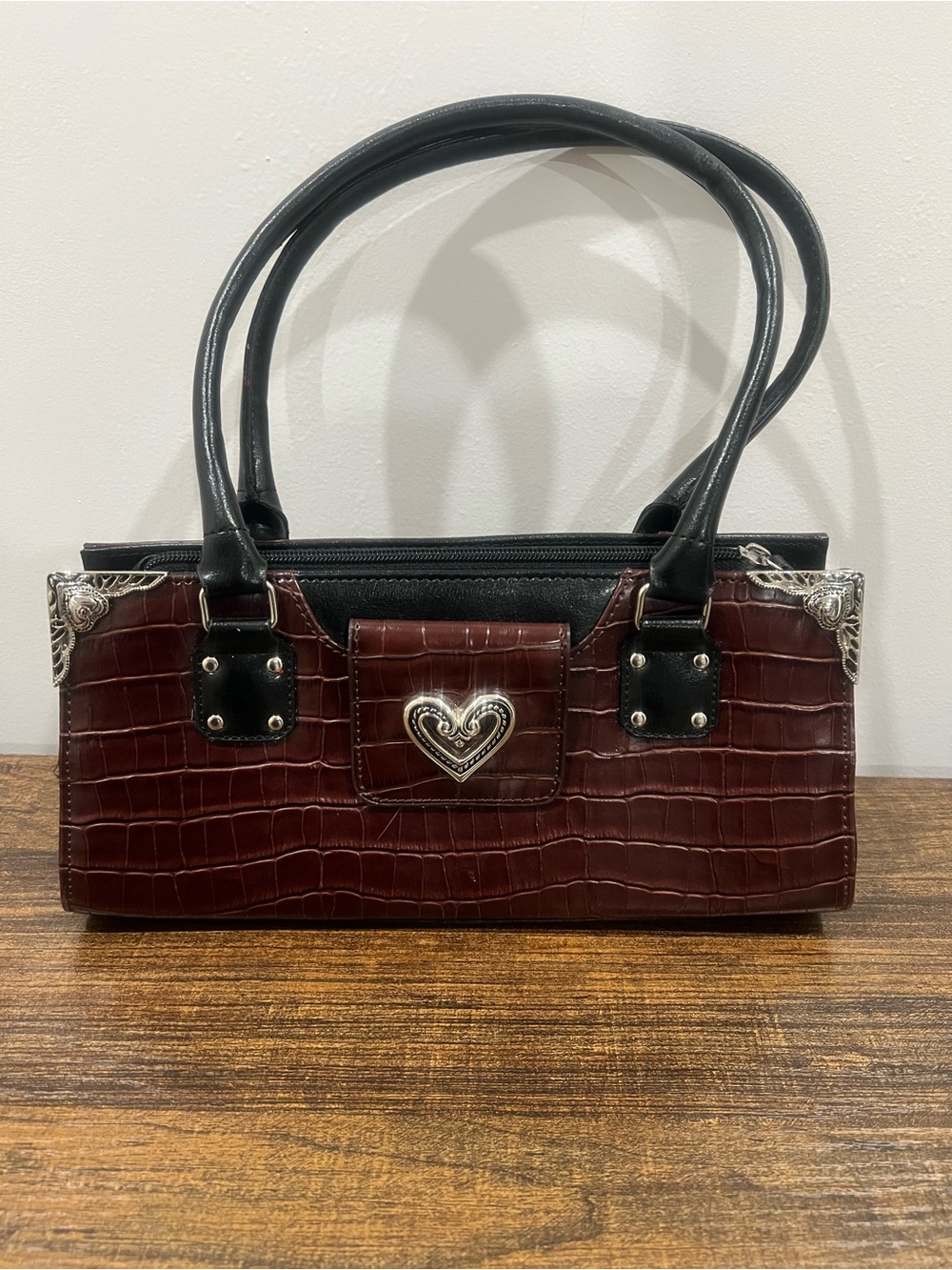 Brighton Burgundy Croc-Embossed Shoulder Bag with Black Trim and Silver Accents